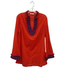 Tory Burch Samba Fringe Trim Cotton Tunic Top Size 8 $275 Style 34451